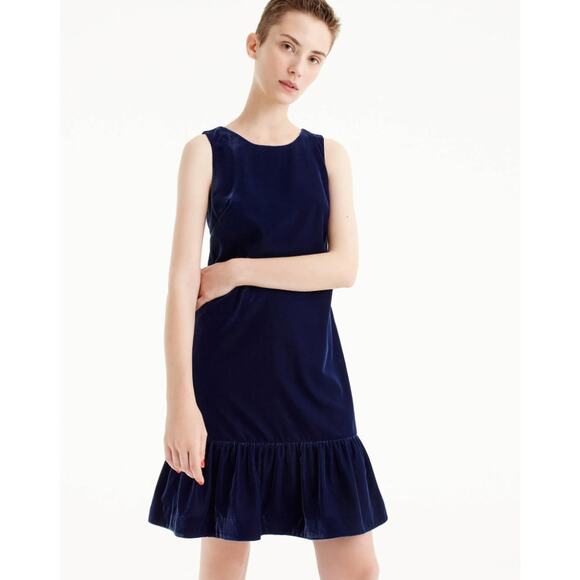 J. Crew Velvet Ruffle Hem Dress Midnight Ink Blue Flounce Hem Cocktail Size 2 - Picture 1 of 11